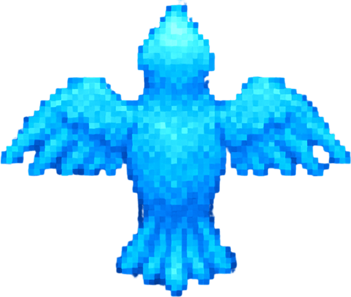"Top-down 2D pixel art of a bird, viewed from a perfect 90-degree angle directly overhead (true bird’s-eye view), facing away from the viewer (back view). A glowing blue aura. The entire character appears as a semi-transparent blue hologram, glowing slightly with a futuristic shimmer. The lighting is soft and ambient, suitable for a fantasy RPG game. Style is classic 16-bit RPG pixel art, SNES-era quality. Transparent background.".
In-Game asset.  2d.  High contrast.  No shadows