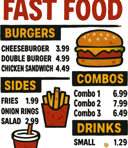 a greasy fast food styled menu with stains.
In-Game asset.  2d.  High contrast.  No shadows
