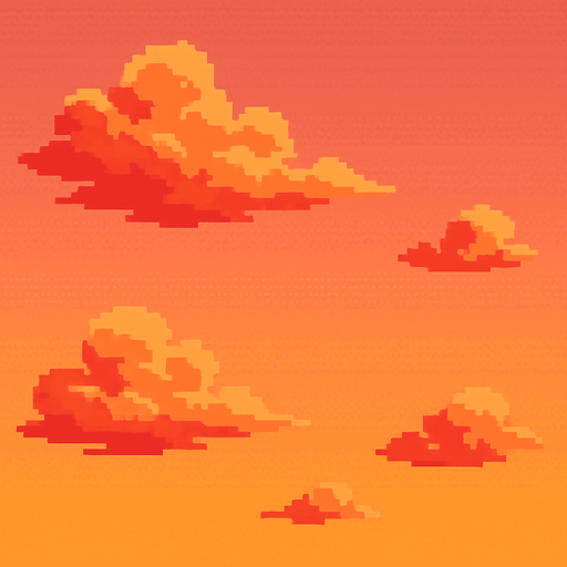 Sunset sky, orange and pink clouds, golden hour atmosphere, warm gradient background, 2D pixel art.
In-Game asset.  2d.  High contrast.  No shadows