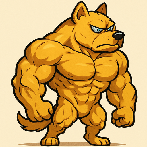 Golden dog with blue eyes that is SOO BUFF that he looks so cool and he scares everyone away. full body. Facing right.
2d.