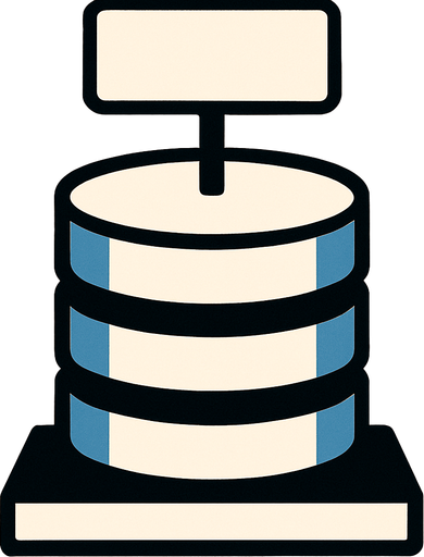 DataBase, looks like a regular DB, circels one on each other, but with a  thick heavy base under it that it stands on it. The base is a simple rectangle, and above the DB there is an empty sign.
The whole picture is in ratio of 400 on 600.
In-Game asset.  2d.  High contrast.  No shadows