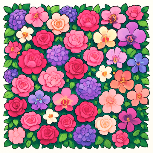 A beautiful flower wall made of a lush mix of vibrant, colorful flowers like roses, peonies, hydrangeas, and orchids. The wall is densely packed with blossoms in shades of pink, red, white, purple, and pastel tones. Greenery like ivy and leaves peek through the blooms, adding depth and contrast. The arrangement is elegant and symmetrical, ideal as a photo backdrop for events like weddings or parties. High-resolution, soft lighting, and dreamy atmosphere..
In-Game asset.  2d.  High contrast.  No shadows. cartoon style
