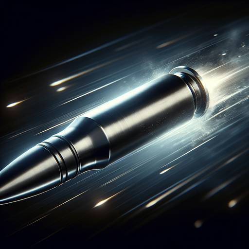 A high-speed enemy bullet in mid-flight, with a sleek, metallic surface reflecting light. The bullet is slightly blurred, showing its incredible speed and motion, cutting through the air. The background shows a dark, intense battlefield, with flashes of gunfire and smoke in the distance. The bullet leaves behind a small trail of air distortion or vapor, emphasizing its rapid movement. It has a sharp, pointed tip and appears to be shot from a modern military rifle, with its design sleek and aerodynamic..
Single Game Texture. In-Game asset. 2d. Blank background. High contrast. No shadows.