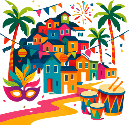 A Rio-style cityscape with colorful houses, palm trees, and carnival decorations. Bright and fun atmosphere for samba drums..
In-Game asset.  2d.  High contrast.  No shadows