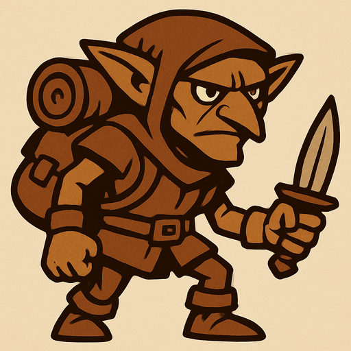 kahverengi gezgin eli bıçaklı goblin.
In-Game asset.  2d.  High contrast.  No shadows
