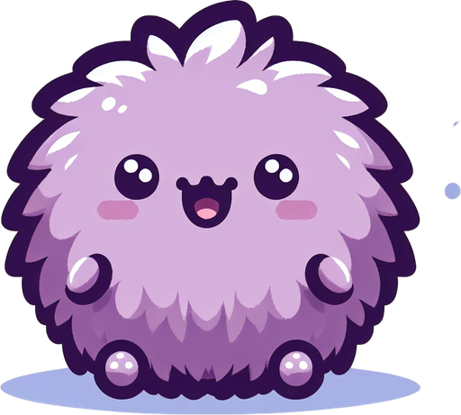 a purple furry cuddly ball of fur. little feet. No ears. cute happy face. Cartoon style. Cute art style. Simple vector style. Pastel colors, flat shaded, vector art. Single Game Texture. In-Game asset. 2d. Blank background. High contrast. No shadows