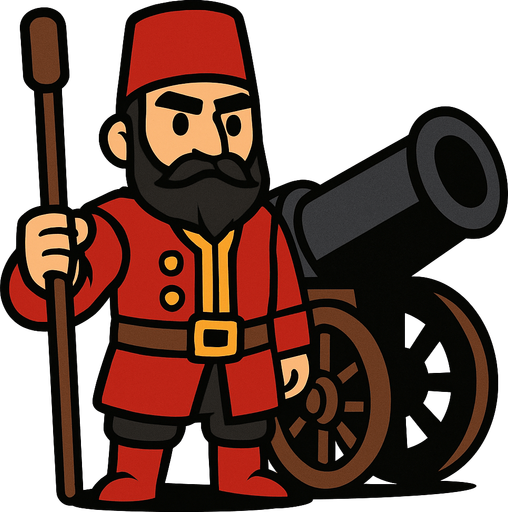 Animasyon çizgi dizi tarzında osmanlı topçusu ekle bu askerin yanında savaş topuda olsun.
In-Game asset.  2d.  High contrast.  No shadows