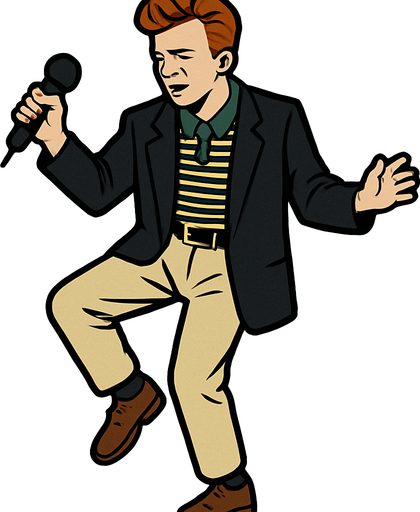 Realistic MEME of Rick Astley dancing with mic.
In-Game asset.  2d.  High contrast.  No shadows