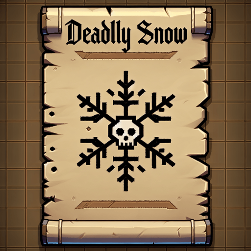 a pergament letter with the name "Deadly Snow". It has a snowflake in shape of a skull on it. Single Game Texture. In-Game asset. 2d. Blank background. High contrast. No shadows.