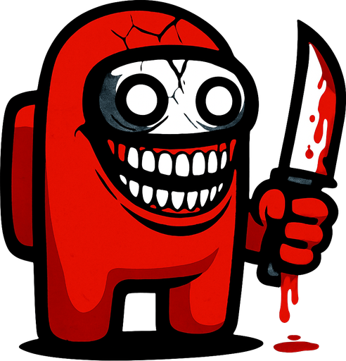 The red color in the game Among us creates the character in an extremely scary way, the glass of the astronaut suit is broken, his eyes are white, his mouth is so long that it touches his ears when he smiles, and he has a bloody knife in his hand..
In-Game asset.  2d.  High contrast.  No shadows