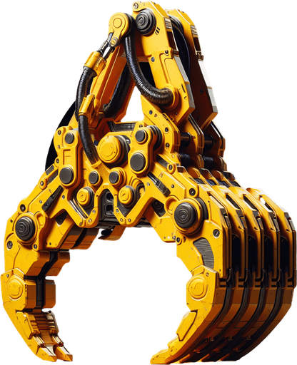 front face view of a yellow grapple excavator arm.
Single Game Texture. Game asset. 2d. Blank background. Color. High contrast. No shadows.