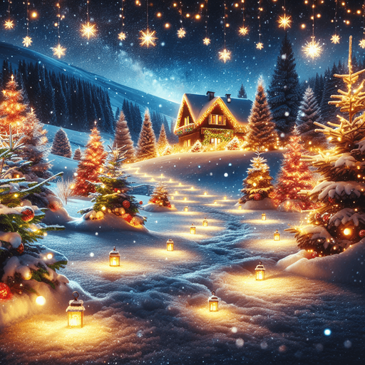 a landscape with santa's house on the left, pines with chistmas lights, snow, at night Background image. 2d. High contrast.