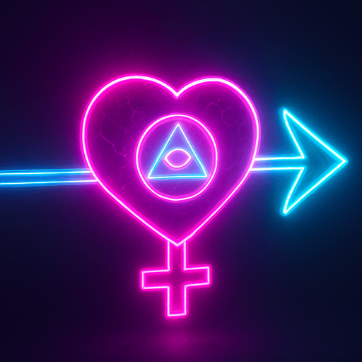 Neon cyberpunk arrow glowing hologram heart eye triangle sigil, symbol of Venus female sign with heart motif tip, magic love arrow pink cyan laser linework