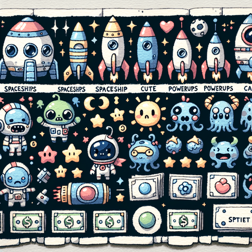 Spritesheet. Spaceships, spacemonsters, cash, powerups. Studio Ghibli. Ghibli style. Mobile game. Colorful. hand drawn. cute. fun. In-Game asset. 2d. Blank background. High contrast. No shadows..