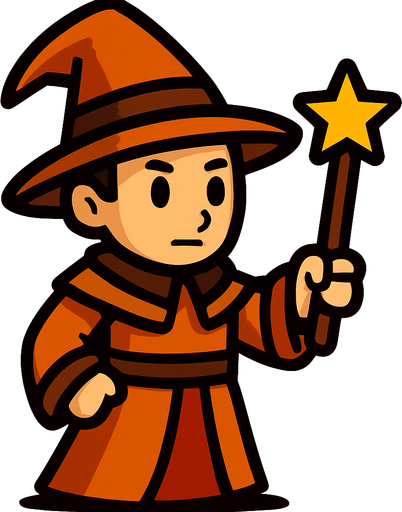 Mago con sombrero naranja y marrón sin barba con varita con estrella, de cuerpo entero.
In-Game asset.  2d.  High contrast.  No shadows