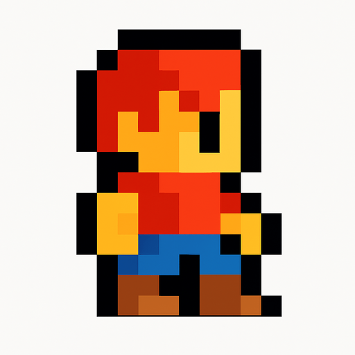 A cool platformer like 16 by 16 pixelated character no background shadows and highlights.
In-Game asset.  2d.  High contrast.  No shadows. 2d pixelated in game asset no horns