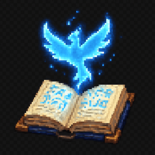 "2D pixel art of a glowing blue bird symbol emerging from an open magical spellbook. The spellbook has worn covers and glowing arcane runes on its pages. The bird symbol floats above the book, made of shimmering blue magical energy, with soft glowing edges and a slightly transparent, ethereal look. It represents a magical creature or summon. Designed in classic 16-bit fantasy RPG pixel art style. Transparent background.".
In-Game asset.  2d.  High contrast.  No shadows
