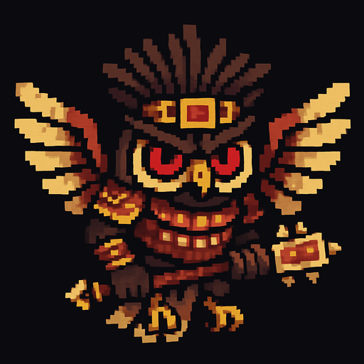 Genérame una Buho de anteojos guerrero azteca con eso patrones, estilo pixelar, con una apariencia maligna, ojos rojos, rabioso. Unidad aerea con alas. Animal.
In-Game asset.  2d.  High contrast.  No shadows