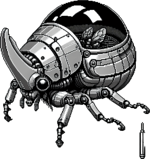 Genera un robot con una cupula de cristal donde se vea una mosca, de resto genera un cuerpo totalmente robotico de un escarabajo blindado en pixel art mirando hacia la izquierda.
Single Game Texture.  In-Game asset.  2d.  Blank background.  High contrast.  No shadows