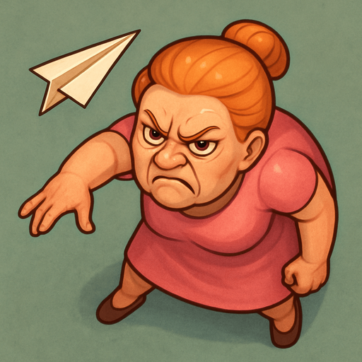 A lady that just threw a paper plane and is leaned forward due to that. She has a pink dress and orange hair. She looks like she has been working in an office for 40 years. Make her look angry as fuck. Cute soft graphics. soft ambient light. semi-matte to satin surfaces. naturalistic with slight saturation boost colors. 
In-Game asset.  2d.  High contrast.  No shadows. top down. View from above.