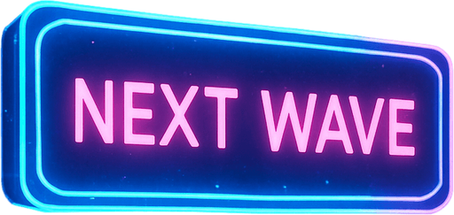 neon cyberpunk glowing NEXT WAVE button blue pink futuristic videogame hologram wave projection simulation