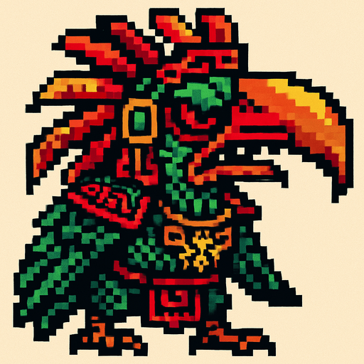 Genérame un Tucan guerra azteca con eso patrones estilo pixelar, con una apariencia maligna.
In-Game asset.  2d.  High contrast.  No shadows