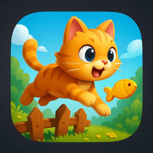 Modern App Store icon, high definition, square with rounded corners, for a game titled "Garden Cat Run" and with the description "Control a cat running through a garden, jumping over obstacles and collecting fish treats in this endless runner game.". No text on icon!