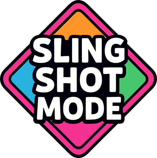 Diamond shaped colourful button that says sling shot mode.
In-Game asset.  2d.  High contrast.  No shadows