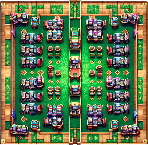 Typical cassino floor with green carpet and slot machines lined on the edges of the screen. It should fit the entirety of the screen. It is a topdown view. Single Game Texture. In-Game asset. 2d. Blank background. High contrast. No shadows.