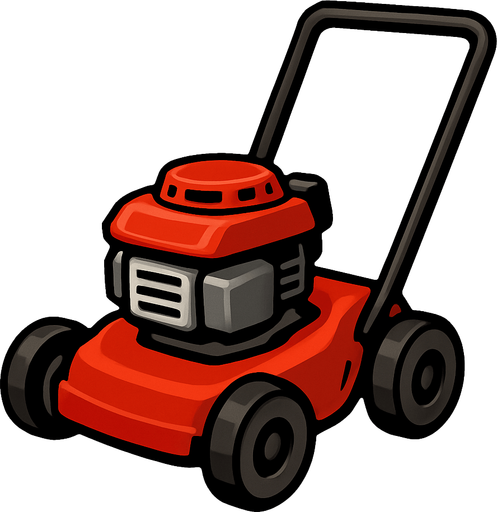 Una podadora de césped compacta y robusta, predominantemente de color rojo vibrante. Tiene un motor gris con una tapa roja en la parte superior. Cuenta con cuatro ruedas pequeñas y oscuras, y un mango largo y negro en forma de "U" invertida que se extiende hacia atrás..
In-Game asset.  2d.  High contrast.  No shadows