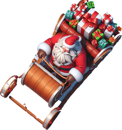 Santa on a sleigh top view.
Single Game Texture. In-Game asset. 2d. Blank background. High contrast. No shadows.
