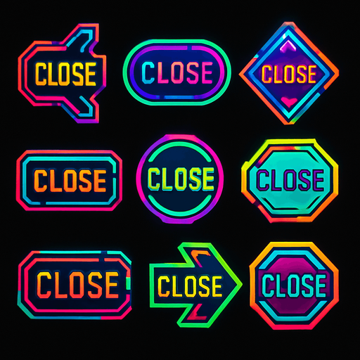 Close buttons random shapes & have text 'Close'. HD colors. Cyberpunk. Abstract. Different colors.
In-Game asset.  2d.  High contrast.  No shadows