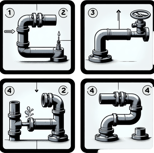 Create four perfectly square tiles, each featuring ONE VERY SIMPLE segment of water pipe for a puzzle video game:
Straight Pipe: One tile should feature a straight pipe segment with an entrance on the right side center and an exit on the left side center.
Corner Pipe: One tile should display a corner pipe segment with an entrance on the right side center and an exit at the top center.
Half Pipe with Valve: One tile should include a half pipe segment with an entrance on the right side center and a valve located at the center of the pipe.
Half Pipe with Bend:One tile should depict a half pipe segment with an entrance on the right side center, bending at the center towards the back (away from the viewer).