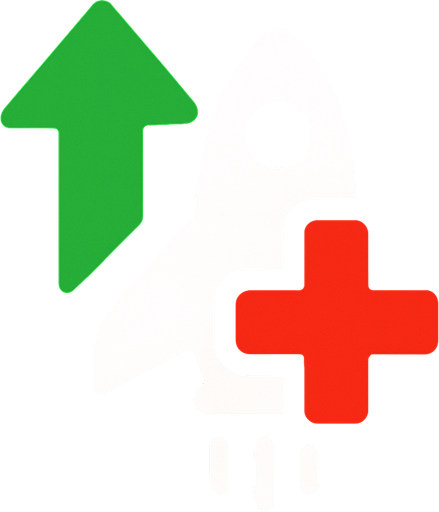 Symbol for spaceship health increase with green arrow pointing up and red plus.
In-Game asset.  2d.  High contrast.  No shadows