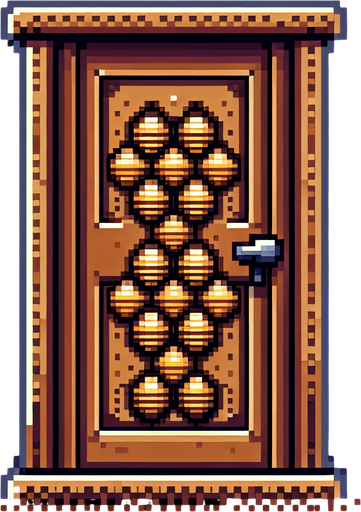 8 bit image 2d brown classic old door with beehive pattern.
Single Game Texture.  In-Game asset.  2d.  Blank background.  High contrast.  No shadows
