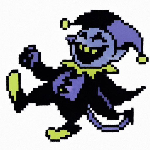 Jevil de deltarune capitulo uno siendo golpeado en el estomago echandose un poco para atras aunque con una risa loca en su rostro (pixeleado con fondo blanco).
In-Game asset.  2d.  High contrast.  No shadows