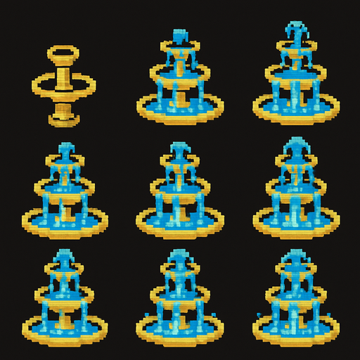A sprite sheet for a small standing tiered fountain. Sprites for water animation and one with no water. Retro pixel art..
In-Game asset.  2d.  High contrast.  No shadows