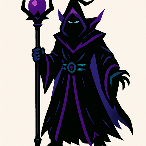 Darkness wizard, con cuerpo entero.
In-Game asset.  2d.  High contrast.  No shadows