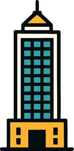 "A 2D in-game asset of a skyscraper, showing only one face of the tower. The design should be high contrast with no shadows.".
In-Game asset.  2d.  High contrast.  No shadows