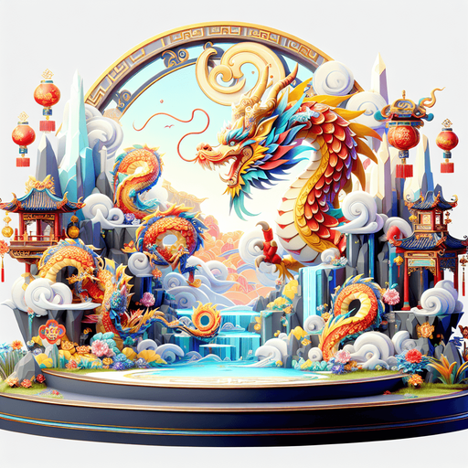 Chinese new years, magical landscape, year of the dragon.
Single Game Texture. In-Game asset. 2d. Blank background. High contrast. No shadows.
