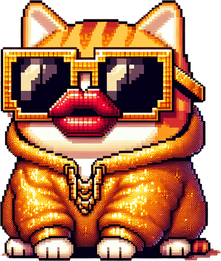 The character in the image is now envisioned as a pixel-art masterpiece, akin to a legendary golden NFT. This orange tabby cat, with its distinct stripes, is brought to life using a luxurious palette of golden and orange square pixels. The round face is accentuated by large, black pixels for eyes, shielded by opulent, oversized, round, dark opaque sunglasses crafted from golden pixels. The cat's signature, exaggerated red pout, resembling a duck's bill, is rendered in a rich, golden hue, stretching across the entire width of its face, adding to its rarity and allure. The body, deliberately smaller in pixel size compared to its head, is designed to enhance the character's cute, chubby appearance, all in golden tones to emphasize its legendary status. Adorned in a simple, light-colored hoodie with a golden pixelated drawstring, the cat sits with its paws visible in front, maintaining a relaxed posture. This creation, with its playful and whimsical pixel art style, embodies the essence of a luxurious and rare digital collectible, perfect for a high-value NFT mascot or a character in an exclusive digital children's book..
Single Game Texture. In-Game asset. 2d. Blank background. High contrast. No shadows.