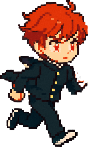 A cute 15-year-old red-haired boy with intense red eyes, wearing a traditional Japanese school uniform (gakuran). He's running down the street with a serious and confident expression. Despite his determined look, his appearance remains sweet and endearing. His gaze is focused straight ahead, with the wind gently lifting his hair and school jacket. The scene is illustrated in Pixel Art style..
In-Game asset.  2d.  High contrast.  No shadows