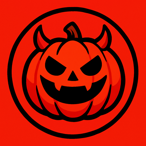 yuvarlak bir çerçevenin içerisinde şeytan kulaklı gülümseyen balkabağı kırmızı.
In-Game asset.  2d.  High contrast.  No shadows