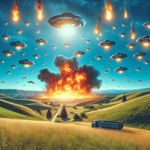 sunny day, hilly landscape. there is an alien invasion taking place in the distance. cities burning.