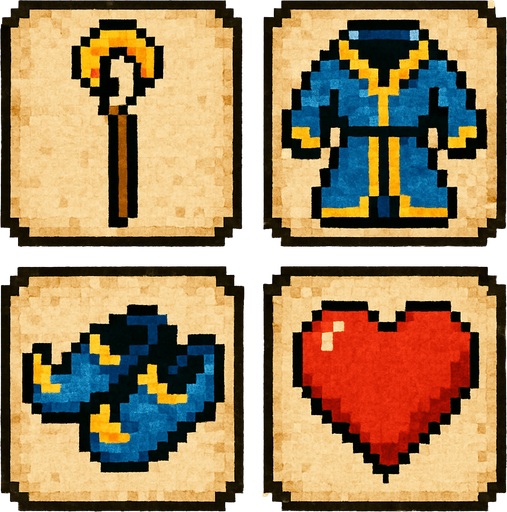 Four square cards with rounded, embossed edges with parchment texture for background. One shows an icon of wizards staff, one shows an icon of a wizards robe, one shows an icon of a pair of wizards slippers and one shows an icon of a heart. Pixelated retro video game art..
In-Game asset.  2d.  High contrast.  No shadows