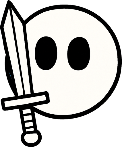 White simple circular enemy seen from above, black outline. Black eyes, with a single Sword in-font of it. Black and white only. Blue background.