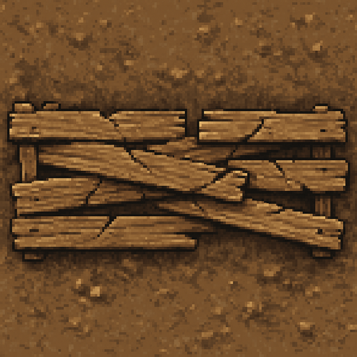 a realistic 16 bit top view cracked wooden barrier from a warzone, with the size of 600 x 100. Seen from above.
In-Game asset.  2d.  High contrast.  No shadows