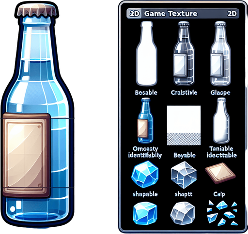 "Design a 2D bottle for a bottle shooter game. The bottle should have a realistic yet playful look, with a glossy finish and visible details like a label and cap. It should be breakable into pieces when hit, with a glassy texture and clear reflections. Keep the design simple but visually appealing, suitable for mobile gameplay, and easy to recognize at various distances.".
Single Game Texture. In-Game asset. 2d. Blank background. High contrast. No shadows.