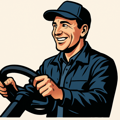 Smiling realistic driver. But hə is looking right.
In-Game asset.  2d.  High contrast.  No shadows