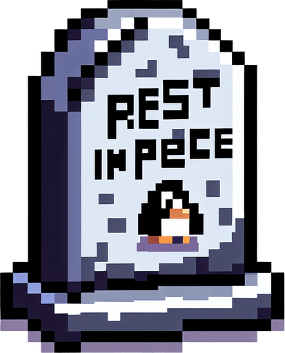 penguin RIP stone. pixelated. 8 bit. Single Game Texture. In-Game asset. 2d. Blank background. High contrast. No shadows.